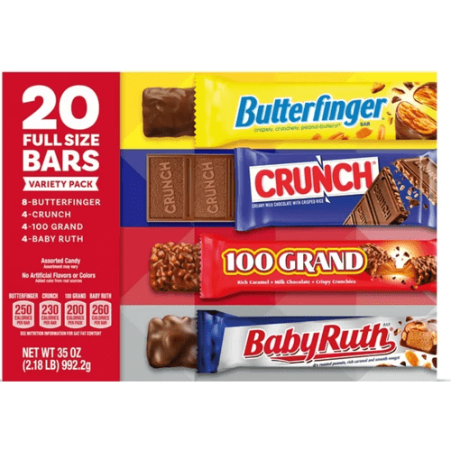 Butterfinger, CRUNCH, Baby Ruth and 100 Grand, Candy Bars,  20 Count